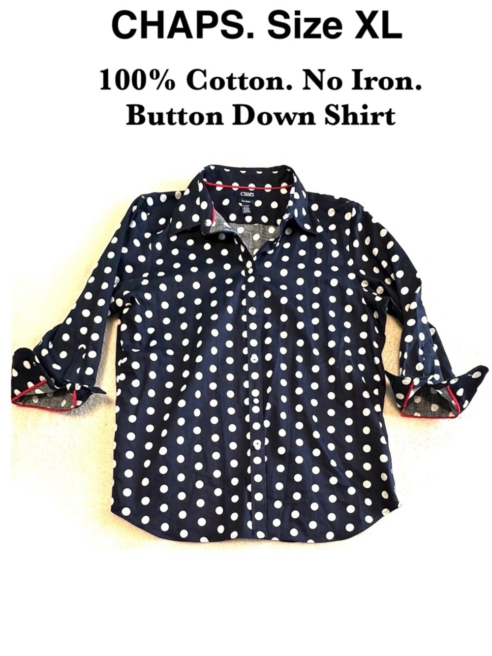 Chaps Navy & White Polka Dot Button-Down Shirt No-Iron 100% Cotton Top Blouse